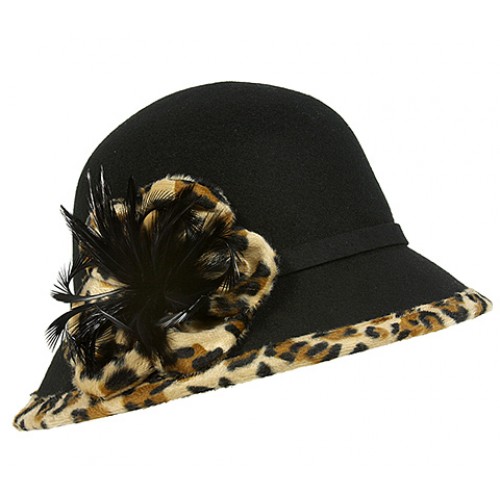 Bucket Hat – 100% Wool w/ Feather Flower & Leopard Print Trim - Black - HT-CC12-1BK